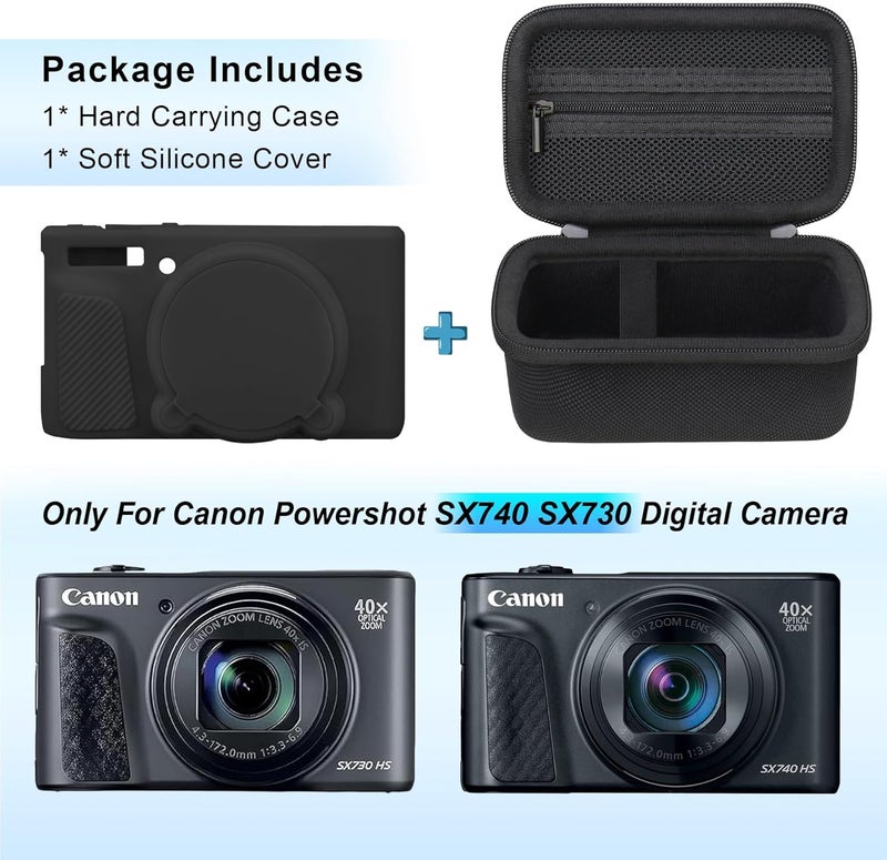 Canboc Case for Canon PowerShot SX740/SX730, Hard Carrying Case + Soft Silicone Protective Cover with Removable Lens Cover, Black - Image 2